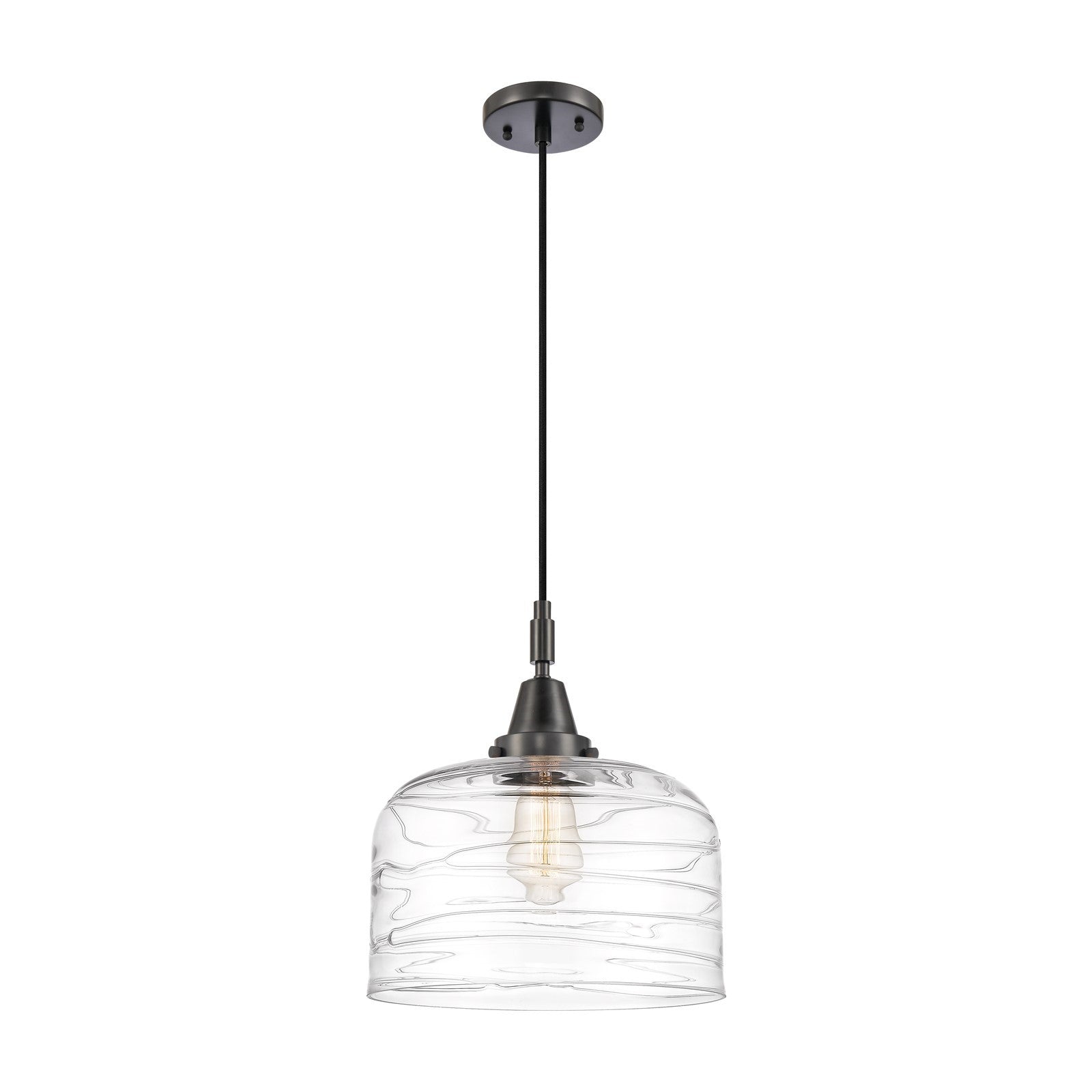 Innovations Bell 12in 1-Light Mini Pendant | Industrial Matte Black and Clear Deco Swirl Glass | Kitchen Island & Dining | Model 447-1P-BK-G713-L