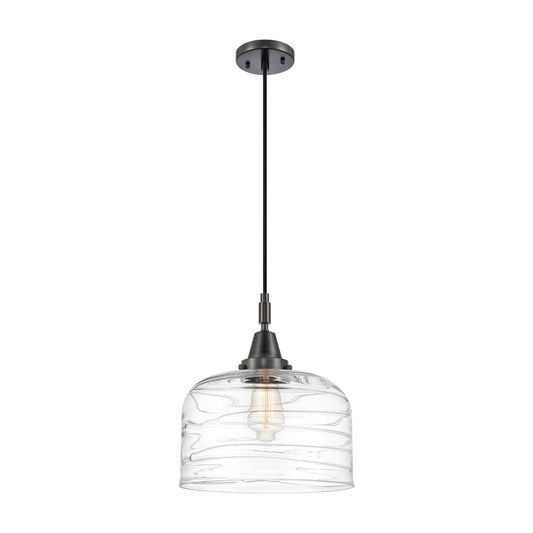 Innovations Bell 12in 1-Light Mini Pendant | Industrial Matte Black and Clear Deco Swirl Glass | Kitchen Island & Dining | Model 447-1P-BK-G713-L