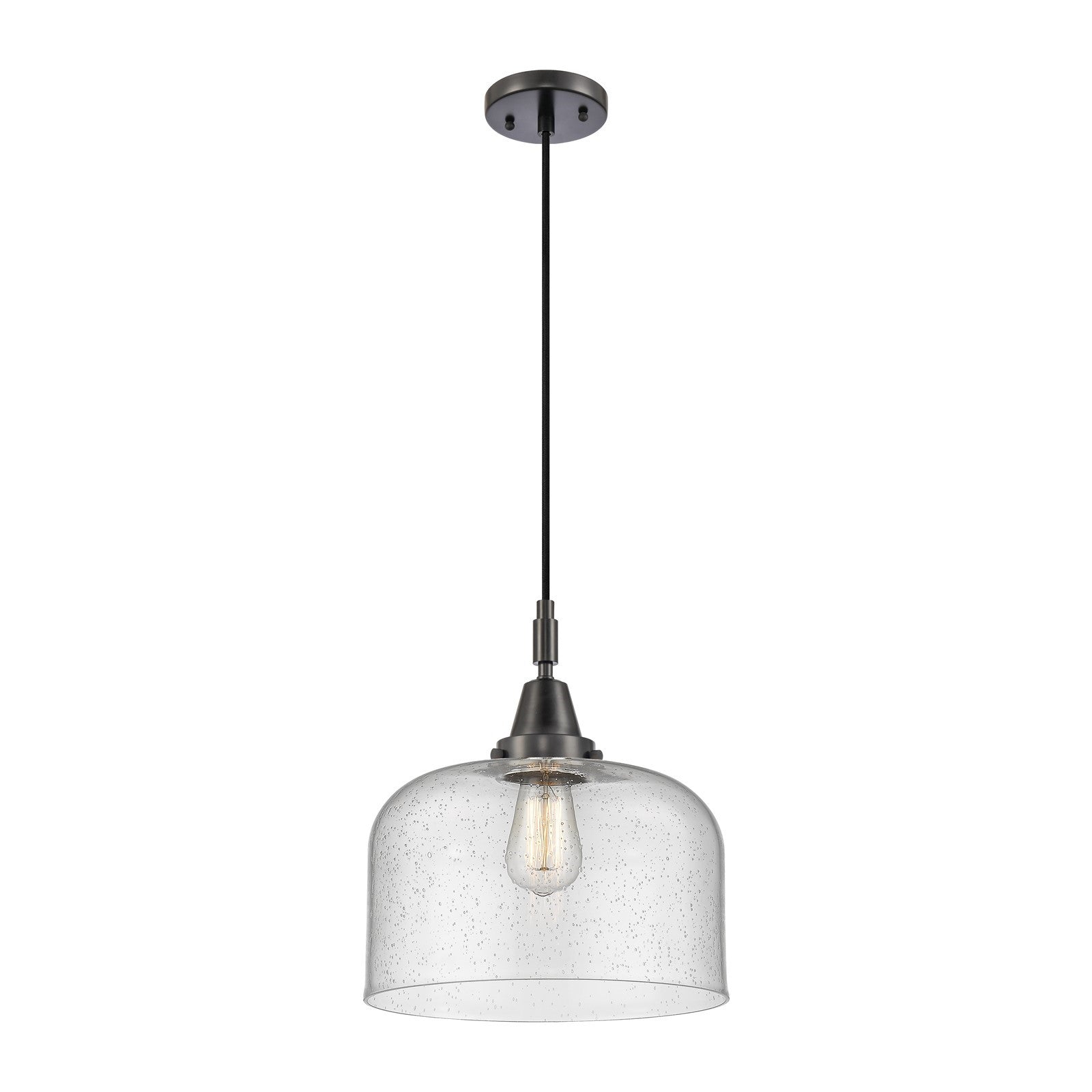 Innovations Bell 12in 1-Light Mini Pendant | Industrial Matte Black and Seedy Glass | Kitchen Island & Dining Room | Model 447-1P-BK-G74-L