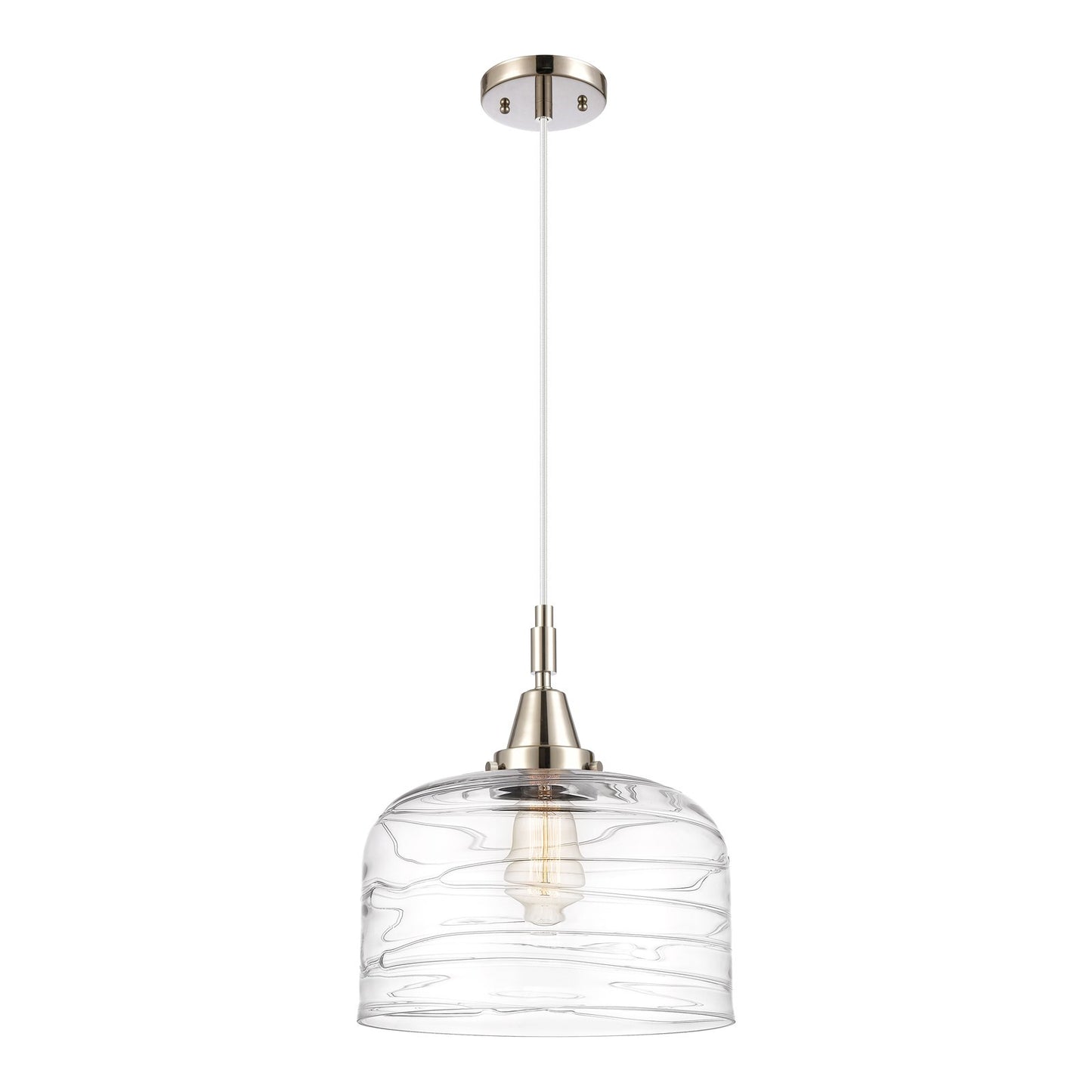 Innovations Bell 12in 1-Light Mini Pendant | Industrial Polished Nickel and Clear Deco Swirl Glass | Kitchen Island & Dining | Model 447-1P-PN-G713-L