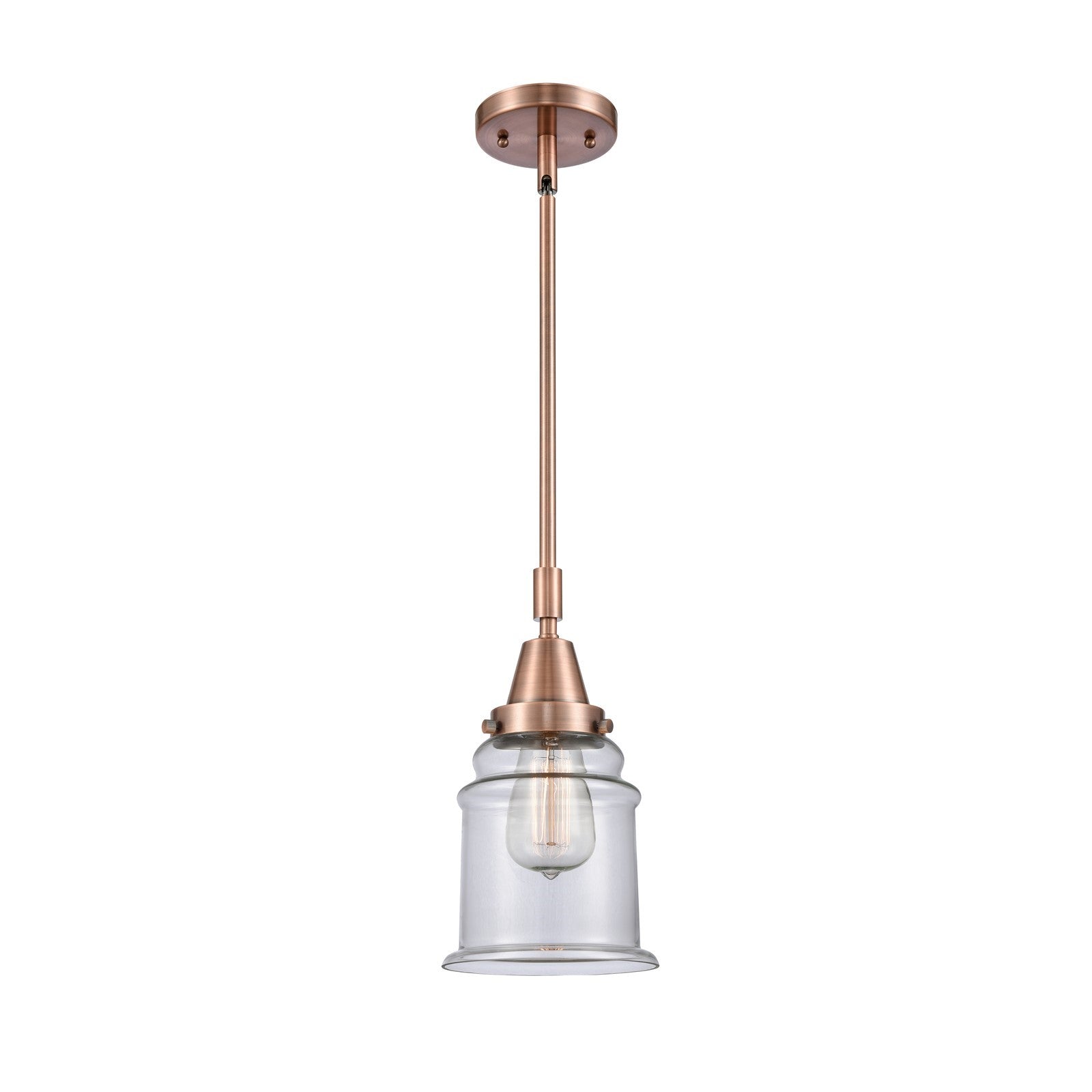 Innovations Lighting Canton 7in 1-Light Mini Pendant | Industrial Antique Copper Steel and Clear Glass | Kitchen Island & | Model 447-1S-AC-G182-LED