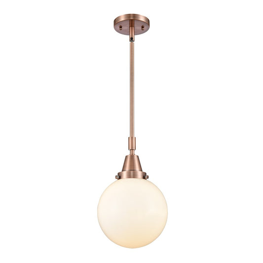 Innovations Franklin Restoration Beacon 8in 1-Light Mini Pendant | Industrial Antique Copper Steel and Matte White Frosted Glass | Model 447-1S-AC-G201-8