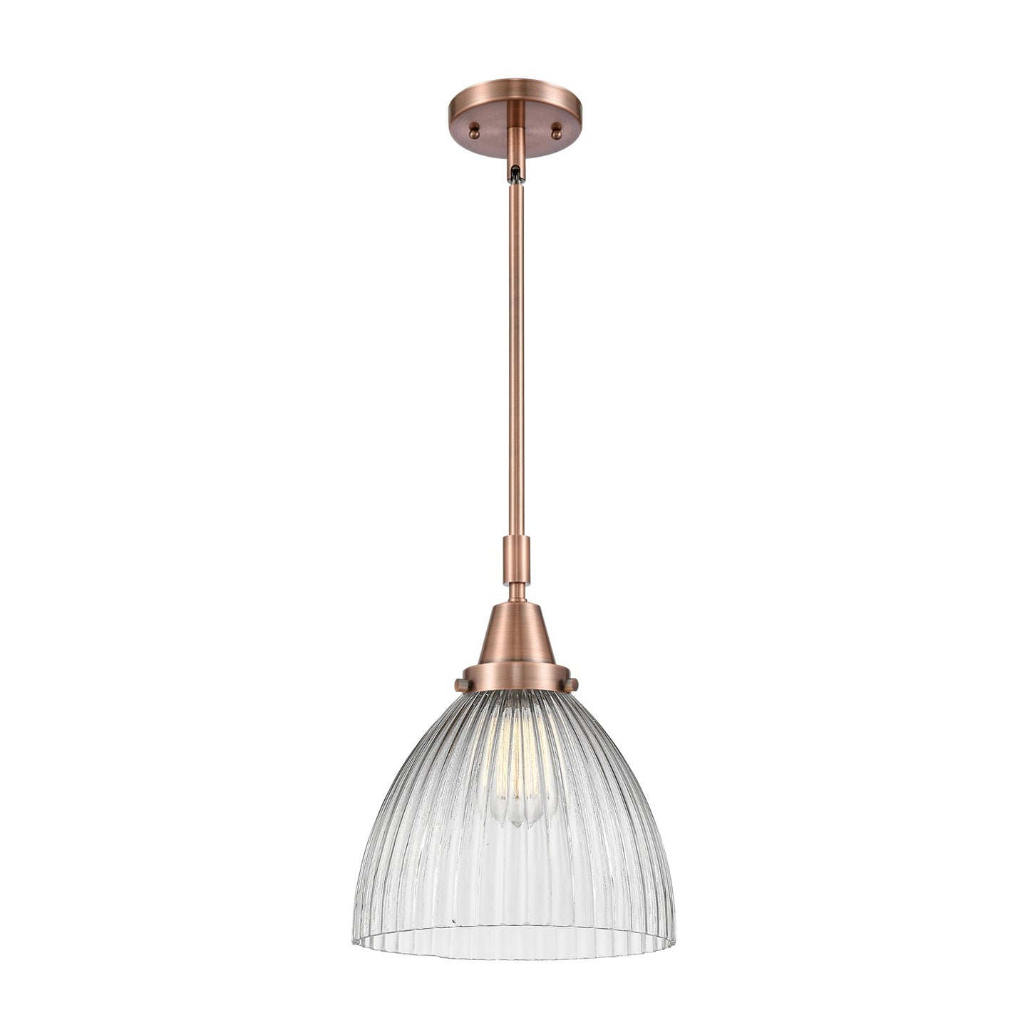 Innovations Lighting Seneca Falls 9.5in 1-Light Mini Pendant | Industrial Antique Copper Steel and Clear Halophane Glass | Model 447-1S-AC-G222-LED