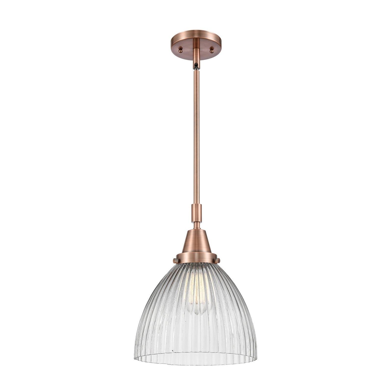 Innovations Lighting Seneca Falls 9.5in 1-Light Mini Pendant | Industrial Antique Copper Steel and Clear Halophane Glass | Model 447-1S-AC-G222-LED