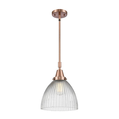 Innovations Lighting Seneca Falls 9.5in 1-Light Mini Pendant | Industrial Antique Copper Steel and Clear Halophane Glass | Model 447-1S-AC-G222-LED