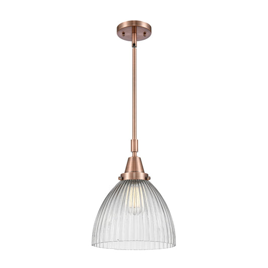 Innovations Lighting Seneca Falls 9.5in 1-Light Mini Pendant | Industrial Antique Copper Steel and Clear Halophane Glass | Model 447-1S-AC-G222-LED