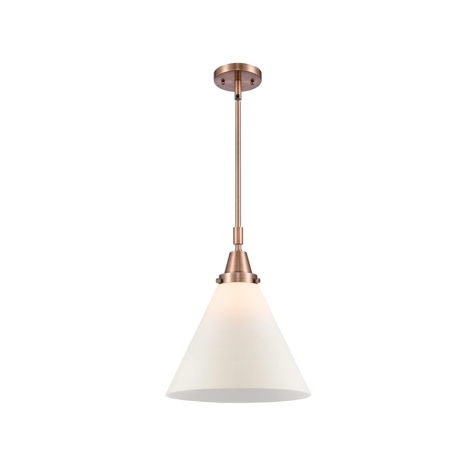 Innovations Lighting Cone 12in 1-Light Mini Pendant | Industrial Antique Copper Steel and Matte White Frosted Glass | Kitchen | Model 447-1S-AC-G41-L-LED