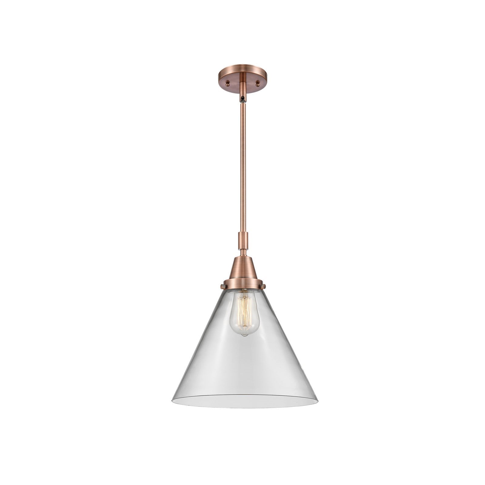 Innovations Lighting Caden 12in 1-Light Mini Pendant | Industrial Antique Copper Steel and Clear Glass | Kitchen Island & | Model 447-1S-AC-G42-L-LED