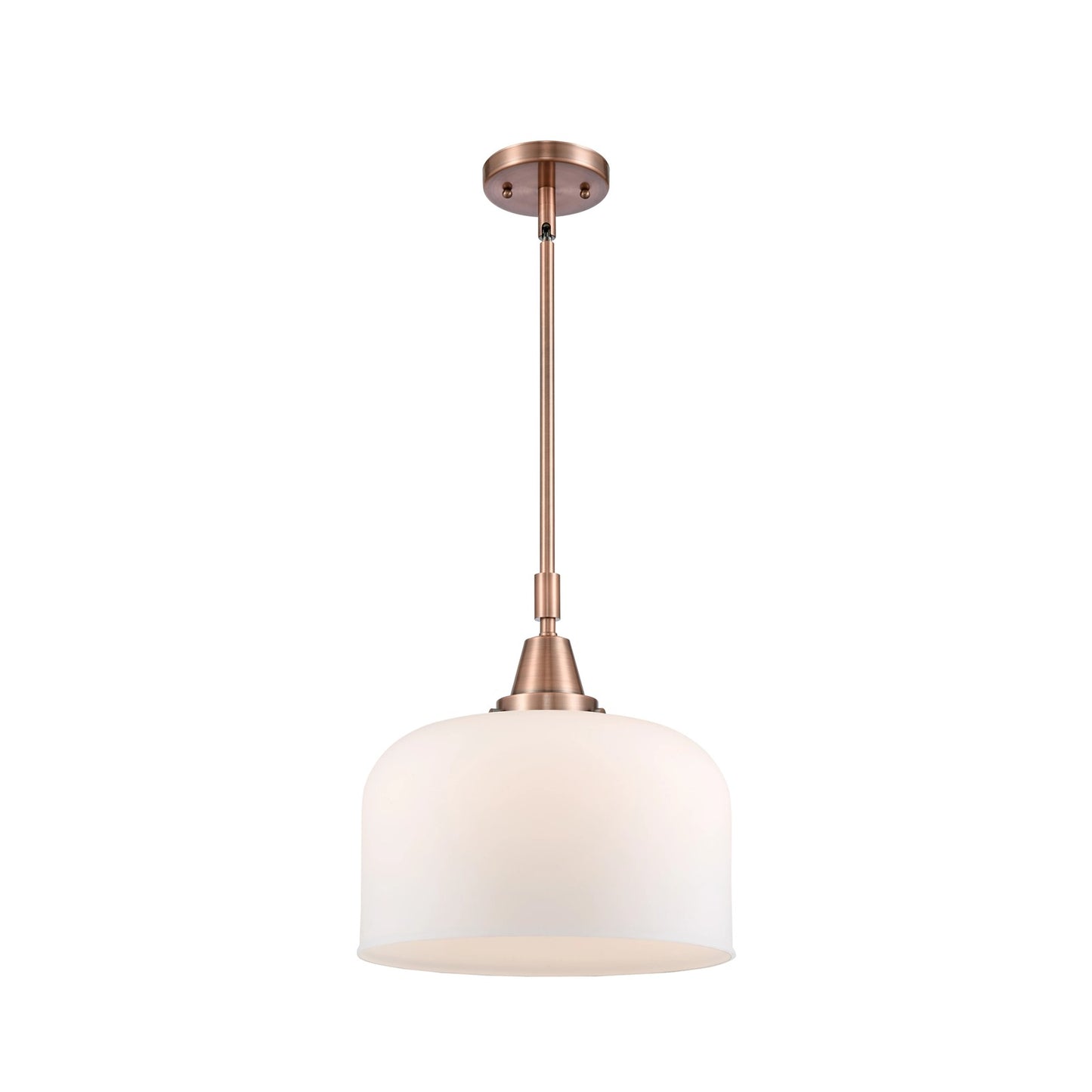 Innovations Lighting Bell 12in 1-Light Mini Pendant | Industrial Antique Copper Steel and Matte White Frosted Glass | Kitchen | Model 447-1S-AC-G71-L-LED