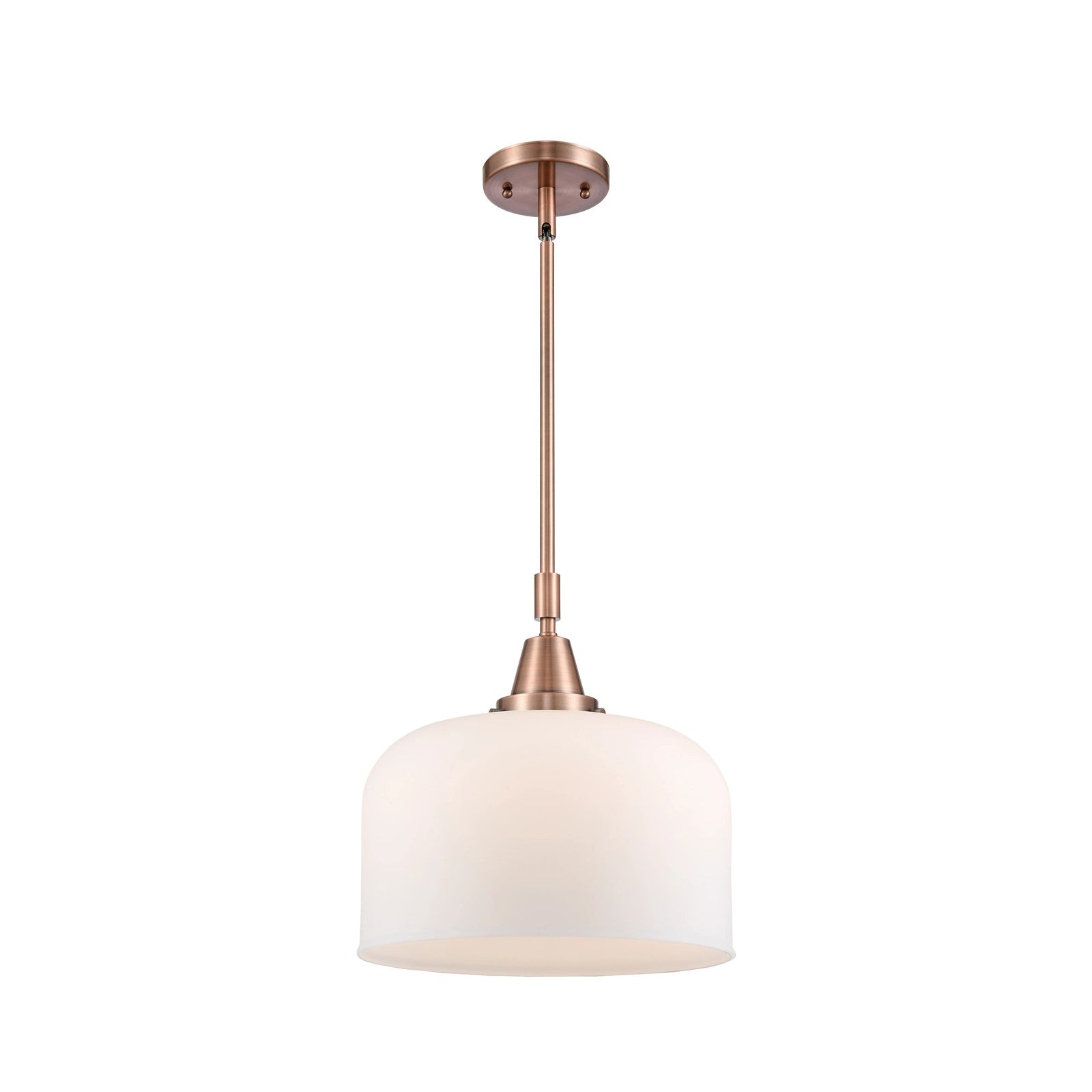 Innovations Lighting Bell 12in 1-Light Mini Pendant | Industrial Antique Copper Steel and Matte White Frosted Glass | Kitchen | Model 447-1S-AC-G71-L-LED