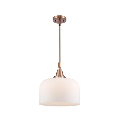 Innovations Lighting Bell 12in 1-Light Mini Pendant | Industrial Antique Copper Steel and Matte White Frosted Glass | Kitchen | Model 447-1S-AC-G71-L-LED