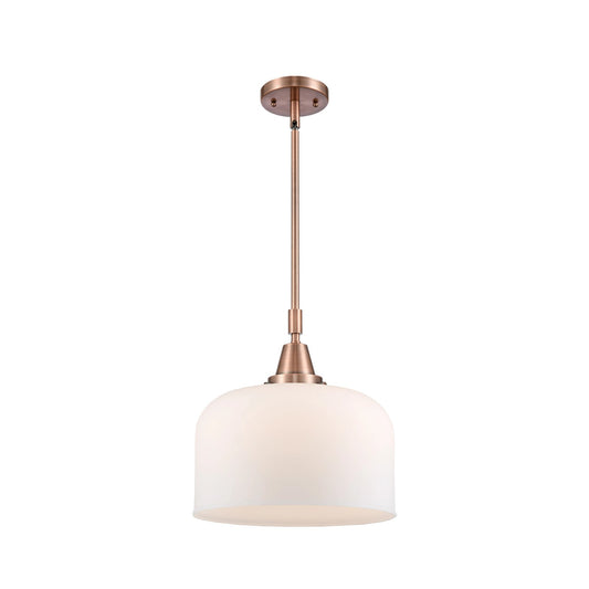 Innovations Lighting Bell 12in 1-Light Mini Pendant | Industrial Antique Copper Steel and Matte White Frosted Glass | Kitchen | Model 447-1S-AC-G71-L-LED