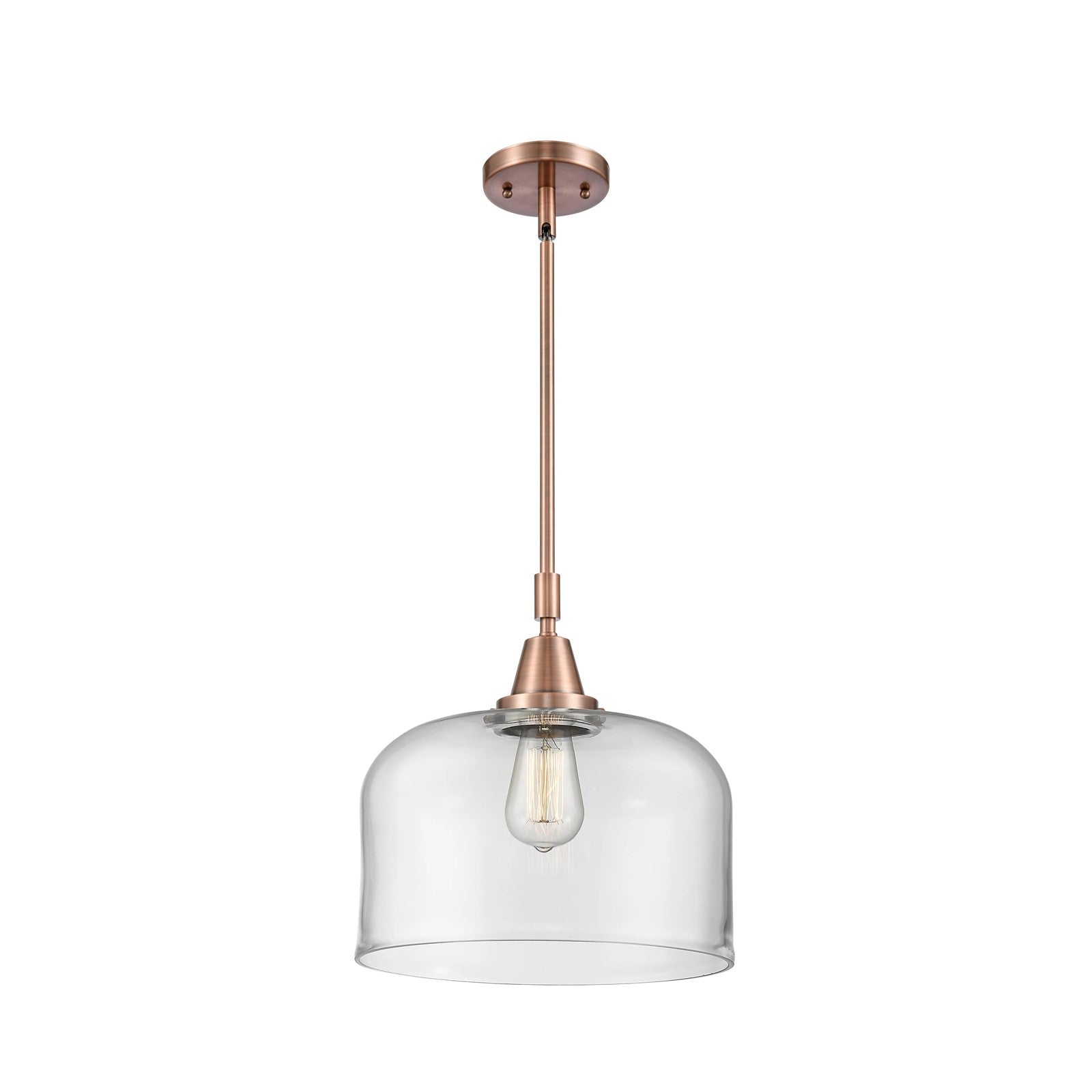 Innovations Lighting Bell 12in 1-Light Mini Pendant | Industrial Antique Copper and Clear Glass | Kitchen Island & Dining Room | Model 447-1S-AC-G72-L-LED