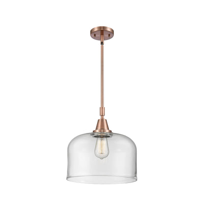 Innovations Lighting Bell 12in 1-Light Mini Pendant | Industrial Antique Copper and Clear Glass | Kitchen Island & Dining Room | Model 447-1S-AC-G72-L-LED