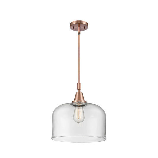 Innovations Lighting Bell 12in 1-Light Mini Pendant | Industrial Antique Copper and Clear Glass | Kitchen Island & Dining Room | Model 447-1S-AC-G72-L-LED