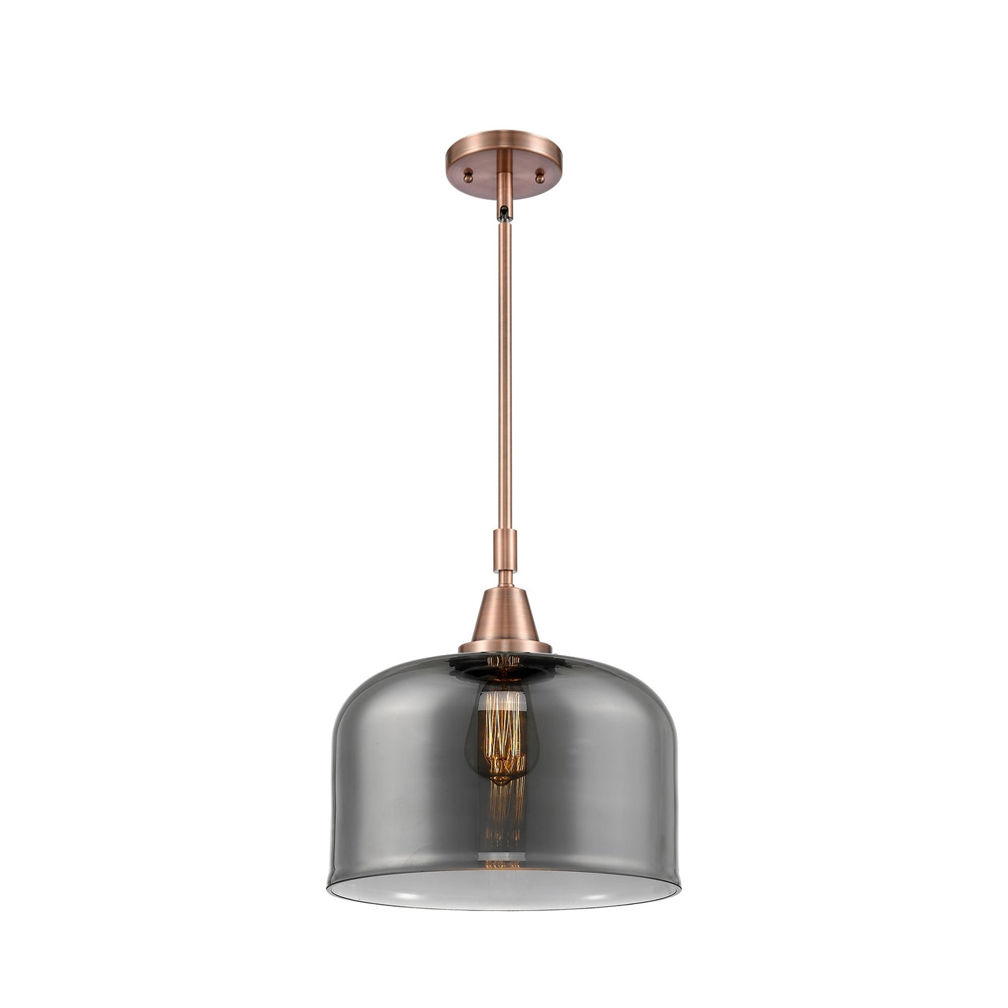 Innovations Lighting Bell 12in 1-Light Mini Pendant | Industrial Antique Copper Steel and Light Smoke Glass | Kitchen Island & | Model 447-1S-AC-G73-L-LED