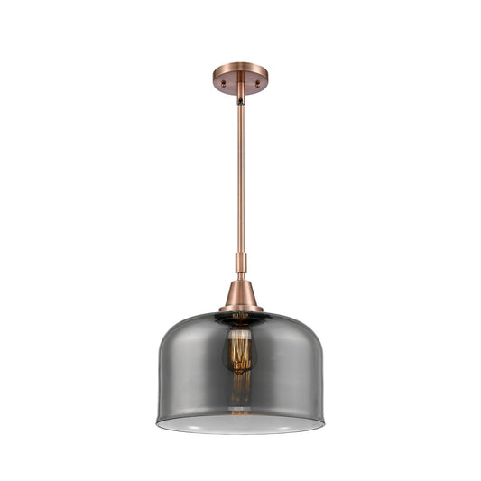 Innovations Lighting Bell 12in 1-Light Mini Pendant | Industrial Antique Copper Steel and Light Smoke Glass | Kitchen Island & | Model 447-1S-AC-G73-L-LED