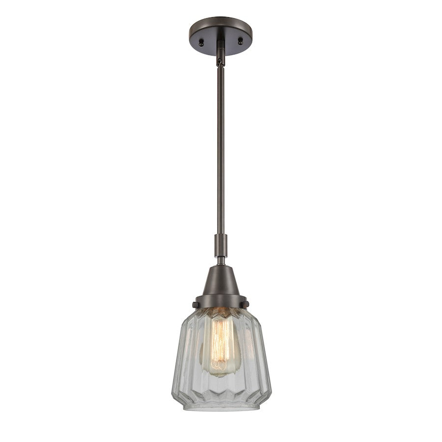 Innovations Chatham 1-Light 9in Mini Pendant | Industrial Oil Rubbed Bronze Steel and Clear Ribbed Glass | Kitchen Island & Dining | Model 447-1S-OB-G142