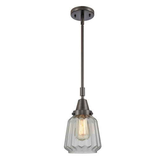 Innovations Chatham 1-Light 9in Mini Pendant | Industrial Oil Rubbed Bronze Steel and Clear Ribbed Glass | Kitchen Island & Dining | Model 447-1S-OB-G142