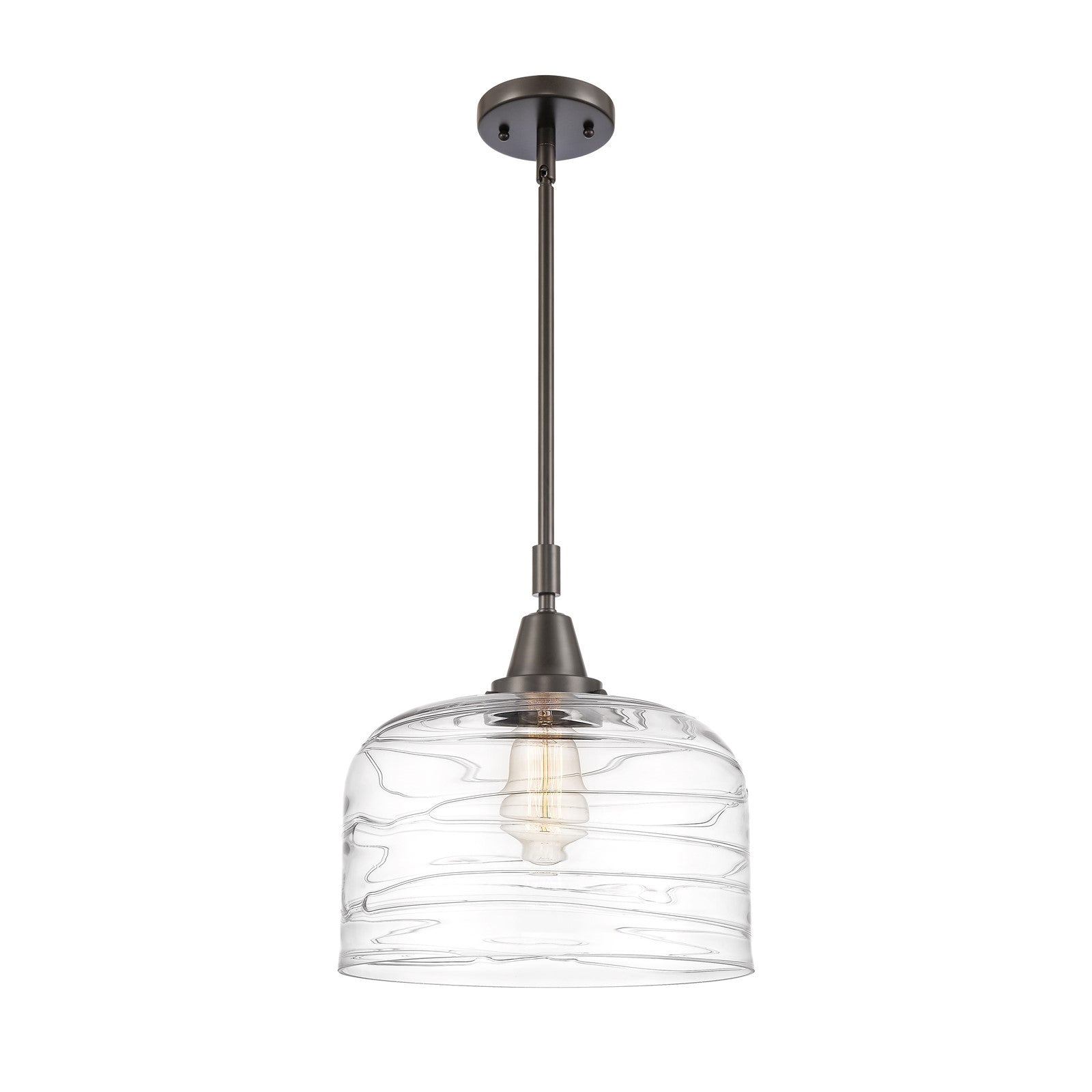 Innovations Lighting Bell 12in 1-Light Mini Pendant | Industrial Oil Rubbed Bronze Steel and Clear Deco Swirl Glass | Kitchen | Model 447-1S-OB-G713-L-LED