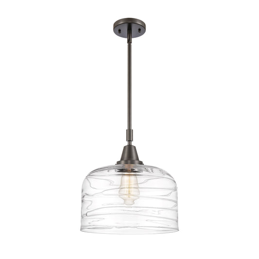 Innovations Lighting Bell 12in 1-Light Mini Pendant | Industrial Oil Rubbed Bronze Steel and Clear Deco Swirl Glass | Kitchen | Model 447-1S-OB-G713-L-LED