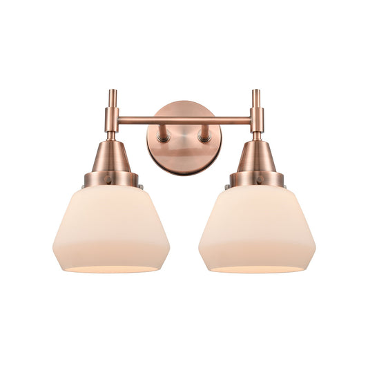 Innovations Fulton 16in 2-Light Bath Vanity | Retro Industrial Antique Copper and Matte White Glass | Bathroom Vanity Light | Model 447-2W-AC-G171