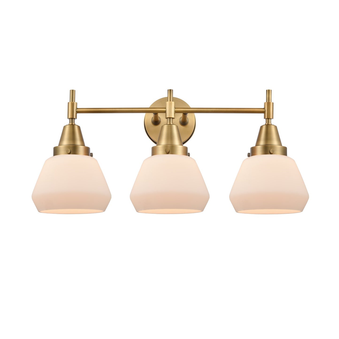 Innovations Fulton 25in 3-Light Bath Vanity | Retro Industrial Brushed Brass and Matte White Glass | Bathroom Vanity | Model 447-3W-BB-G171