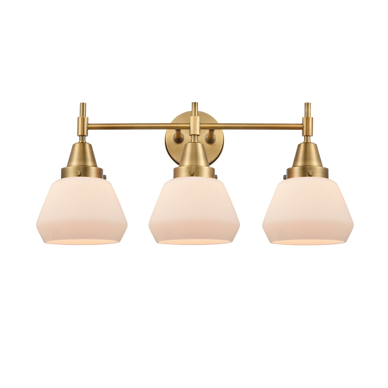 Innovations Fulton 25in 3-Light Bath Vanity | Retro Industrial Brushed Brass and Matte White Glass | Bathroom Vanity | Model 447-3W-BB-G171
