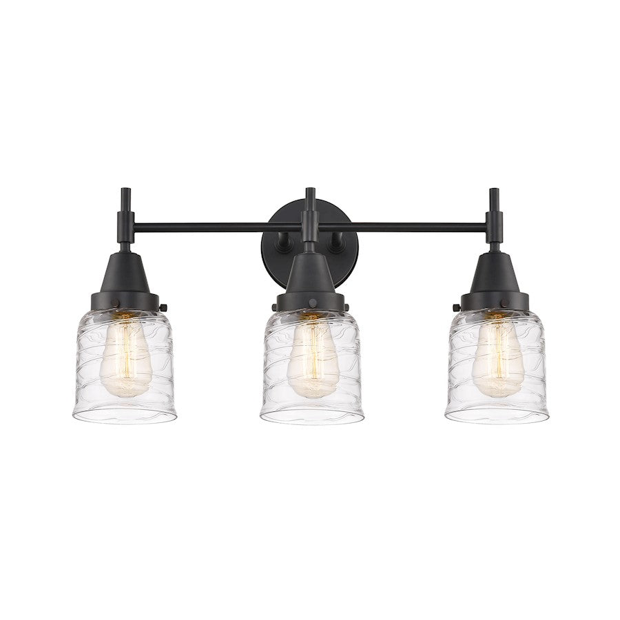 Innovations Lighting Caden 23in 3-Light Vanity Light | Retro Industrial Matte Black and Deco Swirl Glass | Bathroom Vanity | Model 447-3W-BK-G513