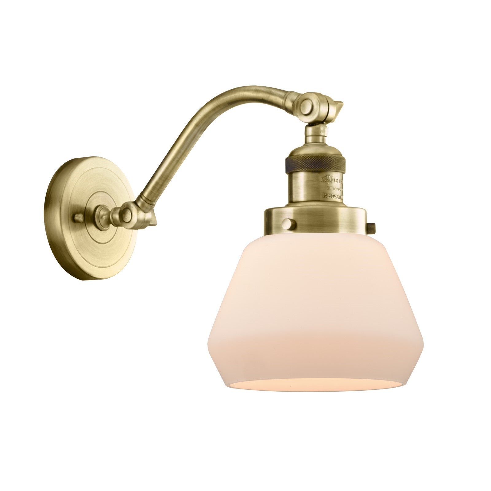 Innovations Fulton 7in 1-Light Wall Sconce | Industrial Antique Brass and Matte White Glass | Bedroom & Hallway Accent | Model 515-1W-AB-G171