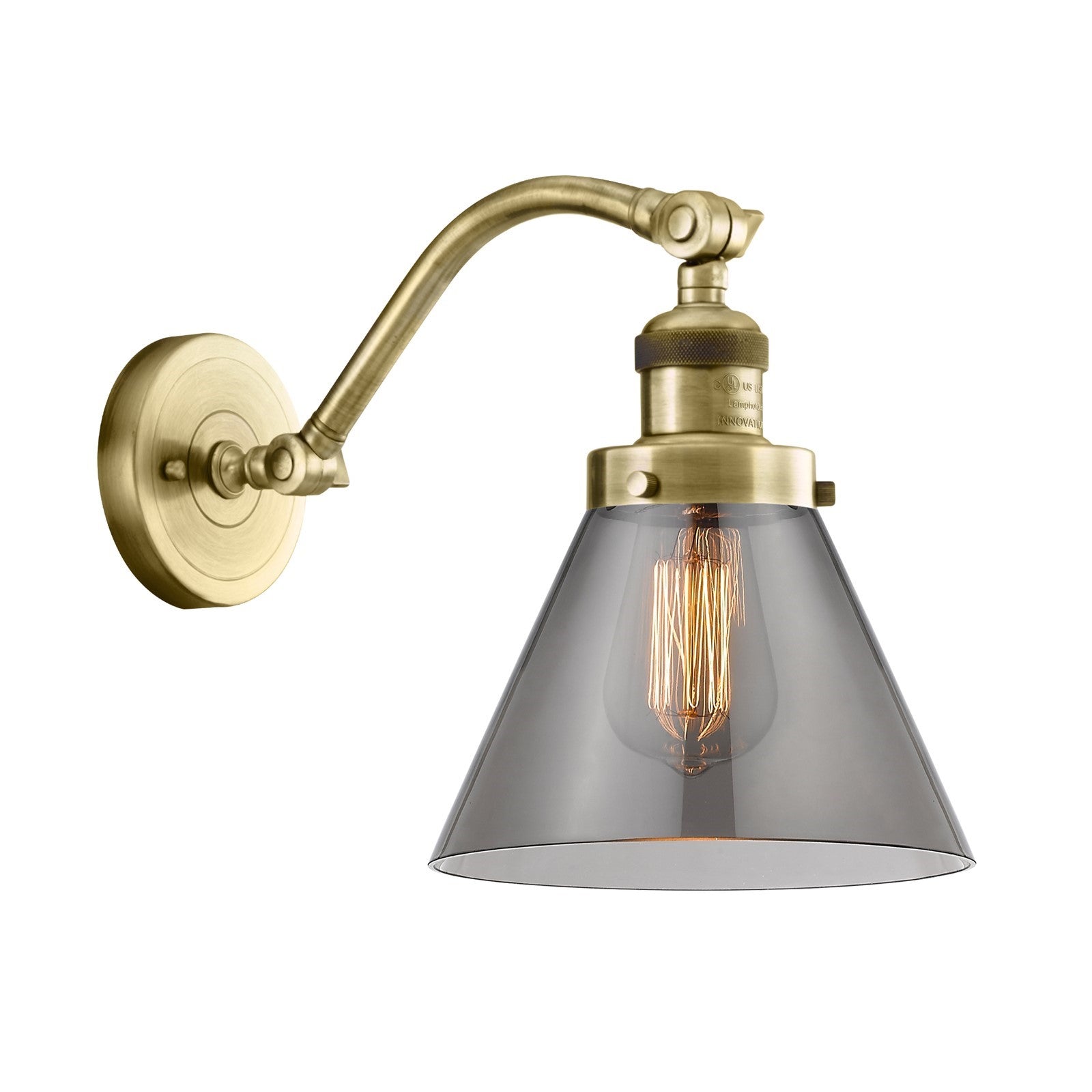 Innovations Lighting LED Cone 8in 1-Light Wall Sconce | Industrial Antique Brass and Light Smoke Glass | Hallway & Bedroom | Model 515-1W-AB-G43-LED