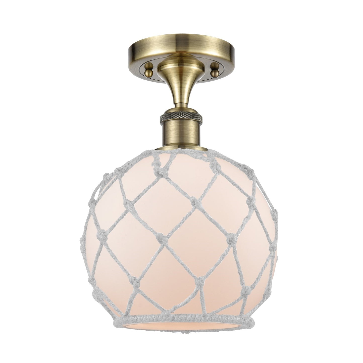 Innovations Farmhouse Rope 8in 1-Light Semi-Flush | Industrial Antique Brass and White Glass Rope | Kitchen & Hallway | Model 516-1C-AB-G121-8RW