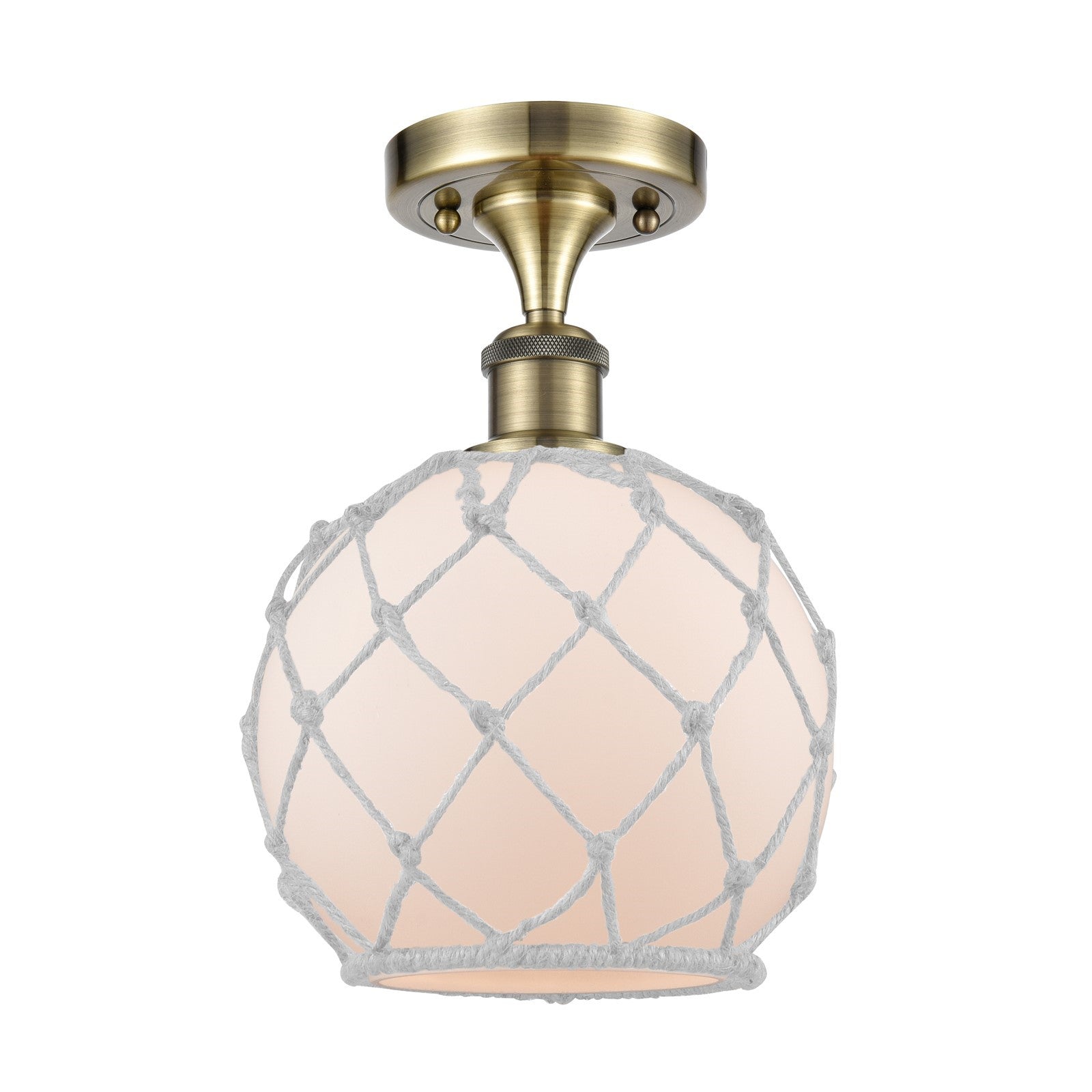 Innovations Farmhouse Rope 8in 1-Light Semi-Flush | Industrial Antique Brass and White Glass Rope | Kitchen & Hallway | Model 516-1C-AB-G121-8RW