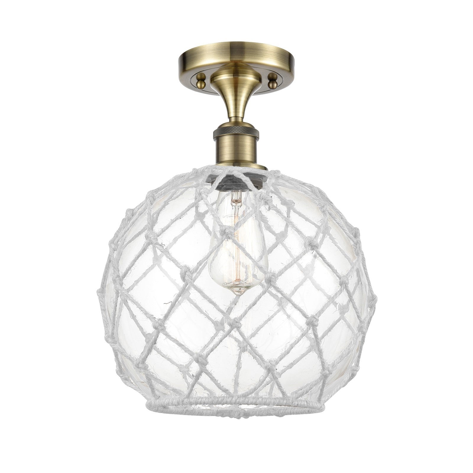 Innovations Farmhouse Rope 10in 1-Light Semi-Flush | Industrial Antique Brass and Clear Glass White Rope | Kitchen | Model 516-1C-AB-G122-10RW