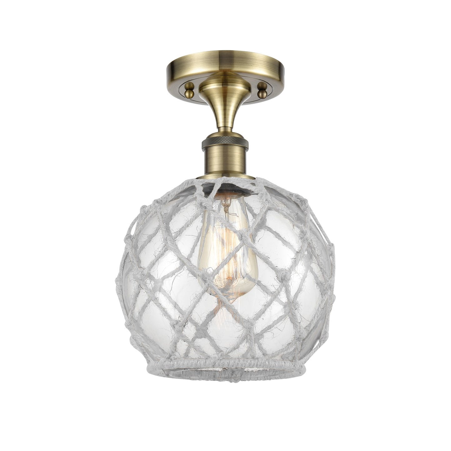 Innovations Farmhouse Rope 8in 1-Light Semi-Flush | Industrial Antique Brass and Clear Glass White Rope | Kitchen | Model 516-1C-AB-G122-8RW
