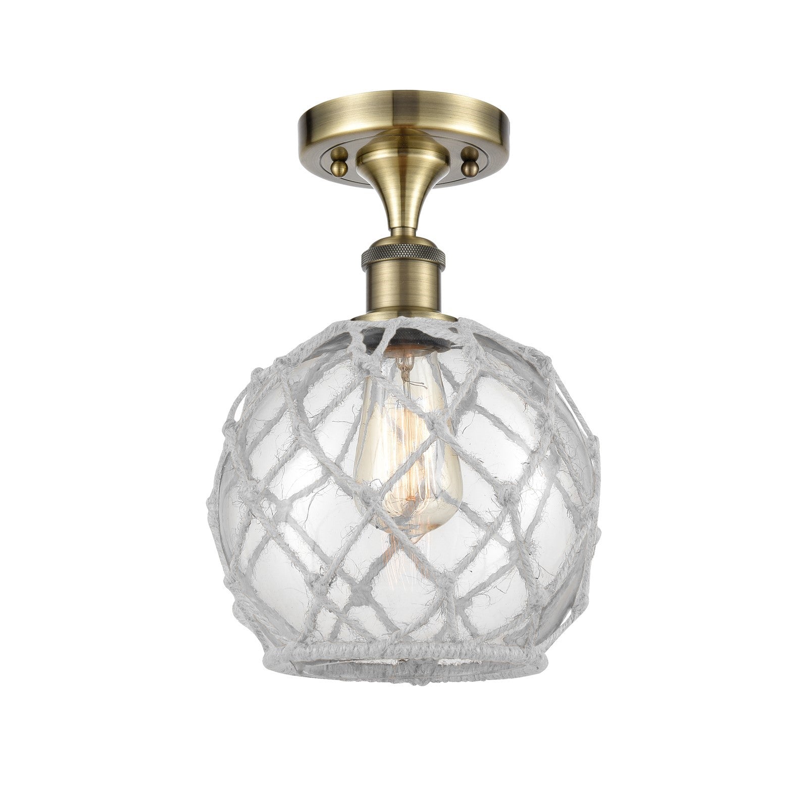 Innovations Farmhouse Rope 8in 1-Light Semi-Flush | Industrial Antique Brass and Clear Glass White Rope | Kitchen | Model 516-1C-AB-G122-8RW