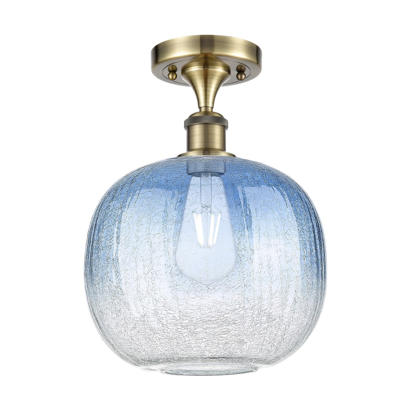 Innovations Brookhaven Sphere 10.5in 1-Light Semi-Flush | Industrial Antique Brass and Sapphire Blue Glass | Kitchen | Model 516-1C-AB-G481-10SB