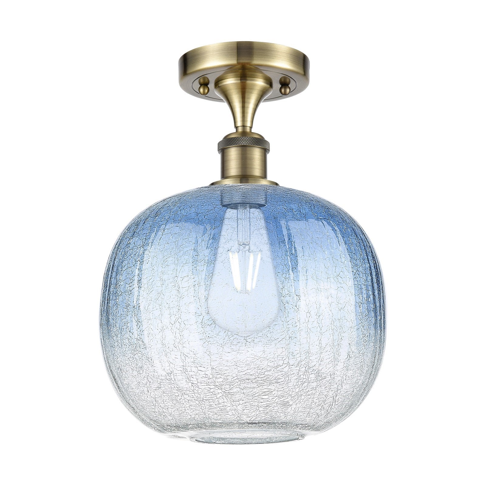 Innovations Brookhaven Sphere 10.5in 1-Light Semi-Flush | Industrial Antique Brass and Sapphire Blue Glass | Kitchen | Model 516-1C-AB-G481-10SB