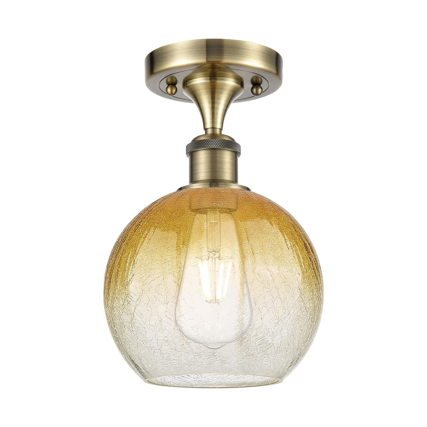 Innovations Brookhaven Globe 7.8in 1-Light Semi-Flush | Industrial Antique Brass and Amber Glass | Kitchen & Hallway | Model 516-1C-AB-G483-8AM