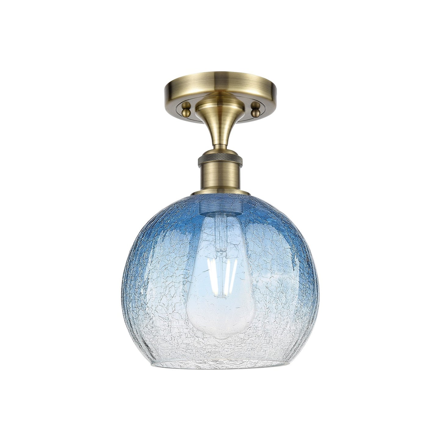 Innovations Brookhaven Globe 8in 1-Light Semi-Flush | Industrial Antique Brass and Sapphire Blue Glass | Bedroom & Hallway | Model 516-1C-AB-G483-8SB