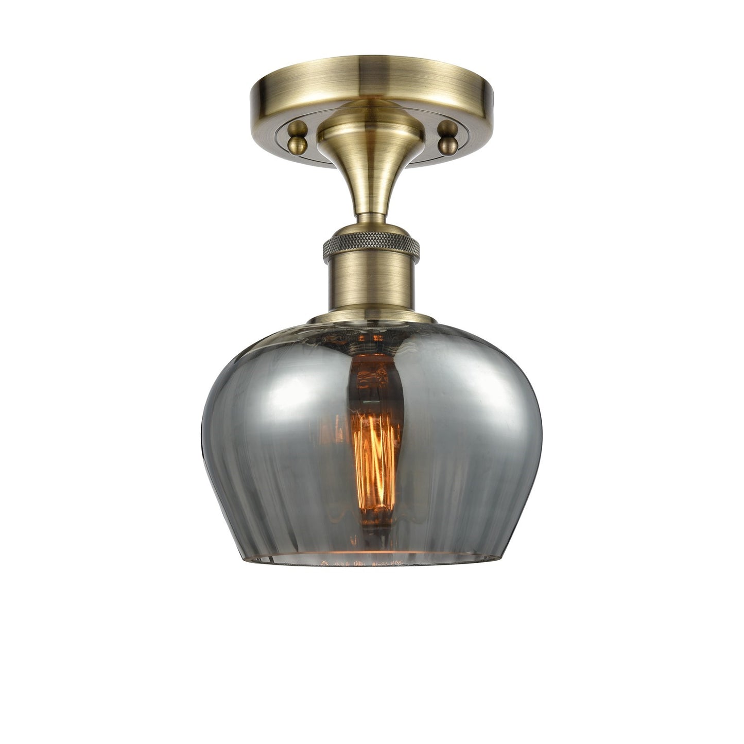 Innovations Fenton 6.5in 1-Light Semi-Flush Mount | Industrial Antique Brass and Light Smoke Ribbed Glass | Entryway & Hallway | Model 516-1C-AB-G93