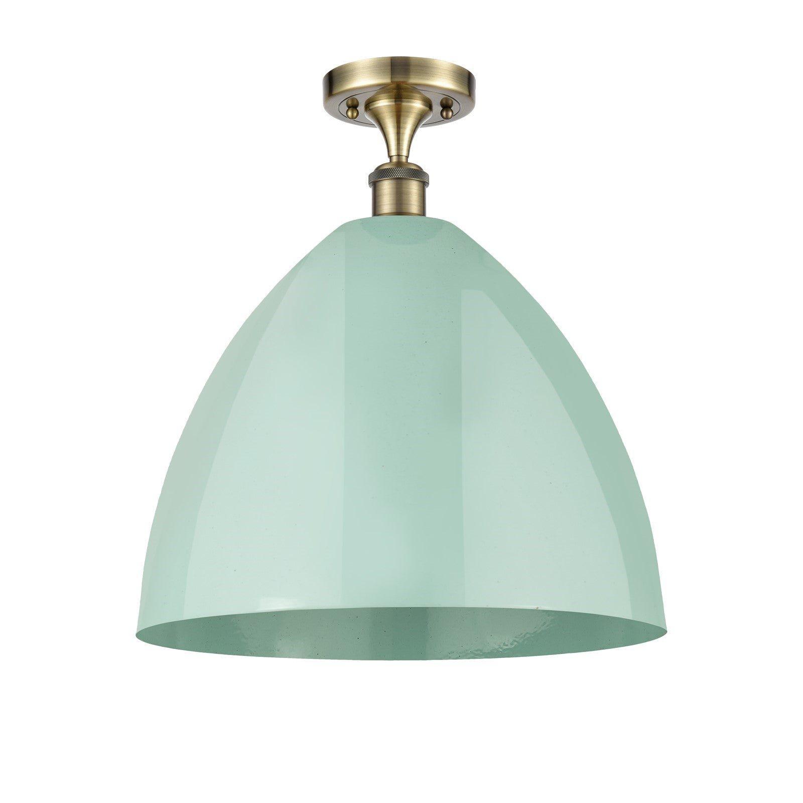 Innovations Plymouth 16in 1-Light Semi-Flush | Industrial Antique Brass and Seafoam Metal Shade | Kitchen & Dining | Model 516-1C-AB-MBD-16-SF-LED