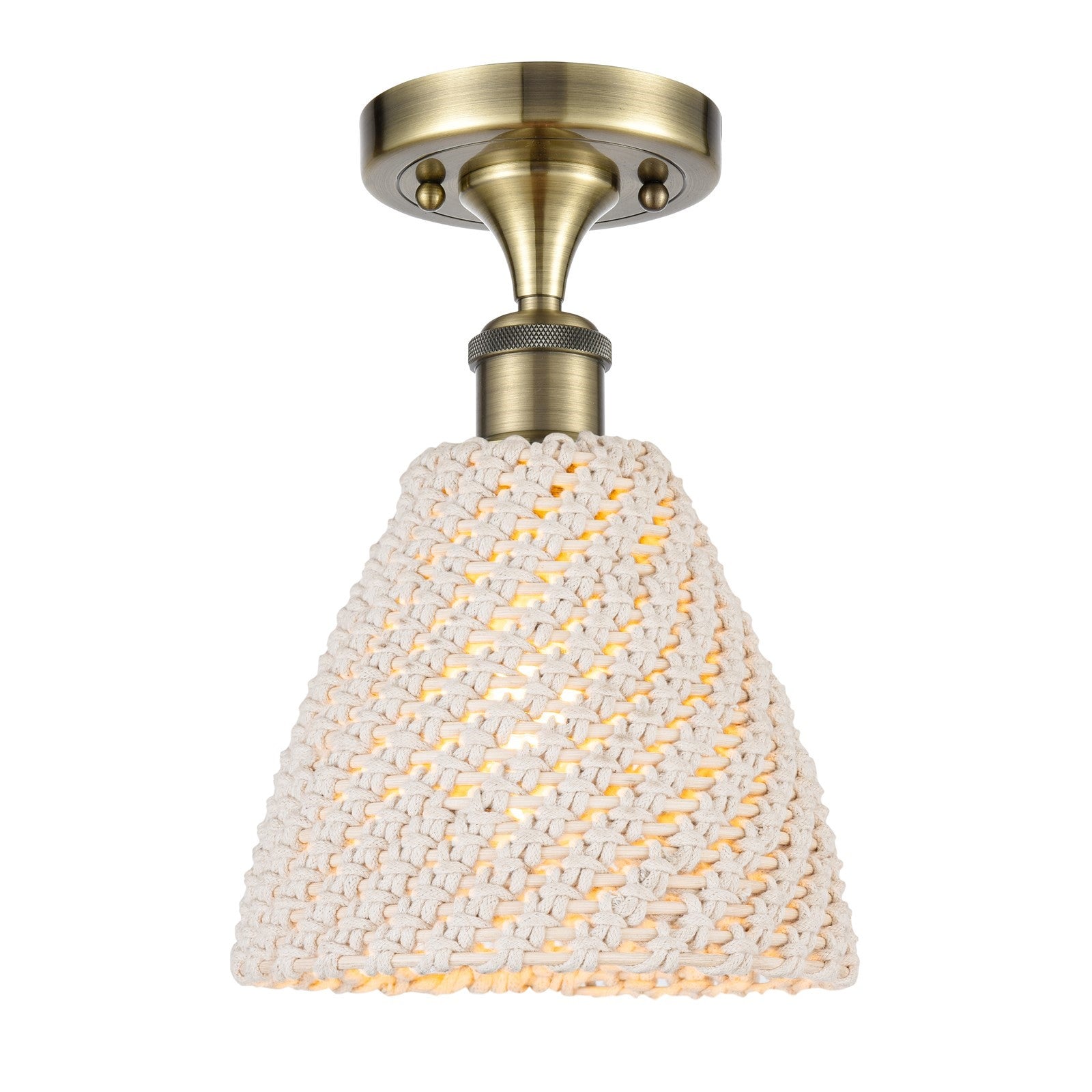 Innovations Bristol Natural 7.5in 1-Light Semi-Flush | Farmhouse Antique Brass and Natural Fiber Dome Shade | Hallway | Model 516-1C-AB-NBD-75-NAT