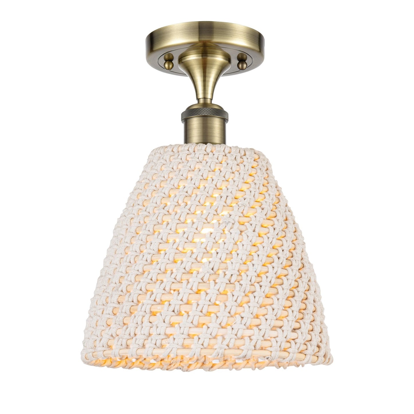 Innovations Bristol Natural 9in 1-Light Semi-Flush | Farmhouse Antique Brass and Natural Fiber Dome Shade | Hallway | Model 516-1C-AB-NBD-9-NAT
