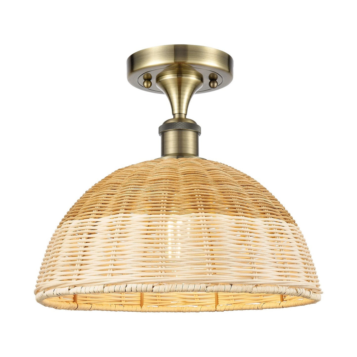 Innovations Bristol Natural II 12in 1-Light Semi-Flush | Industrial Antique Brass and Natural Fiber Dome | Entryway | Model 516-1C-AB-NBD2-12-NAT