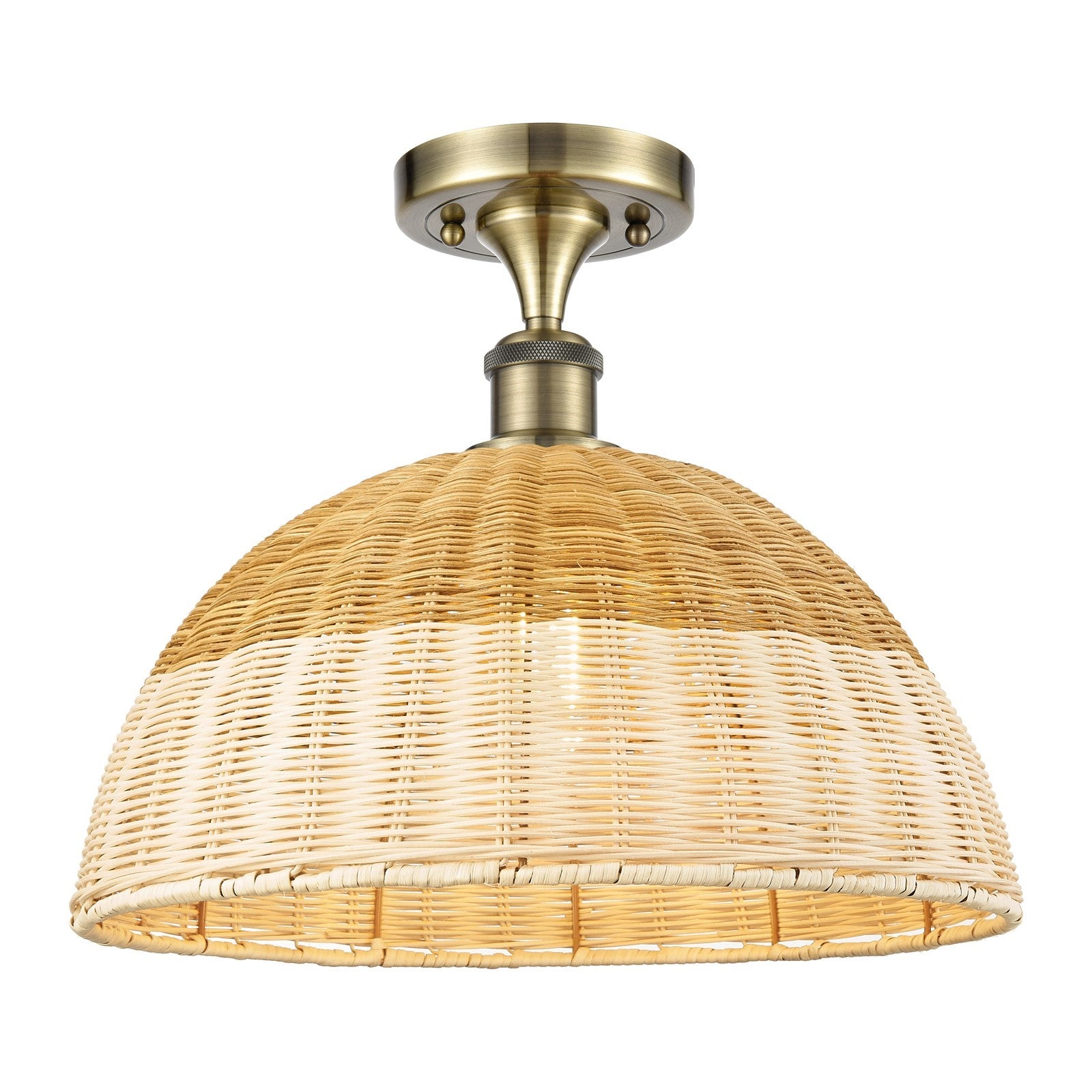Innovations Bristol Natural II 16in 1-Light Semi-Flush | Industrial Antique Brass and Natural Fiber Dome | Entryway | Model 516-1C-AB-NBD2-16-NAT