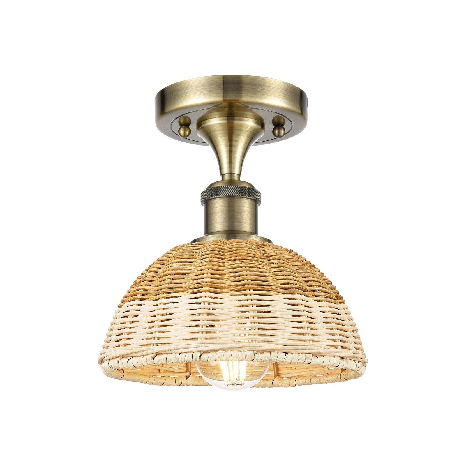 Innovations Bristol Natural II 7.5in 1-Light Semi-Flush | Industrial Antique Brass and Natural Fiber Dome Shade | Model 516-1C-AB-NBD2-75-NAT