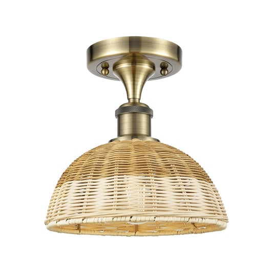 Innovations Bristol Natural II 9in 1-Light Semi-Flush | Industrial Antique Brass and Natural Fiber Dome Shade | Hallway | Model 516-1C-AB-NBD2-9-NAT