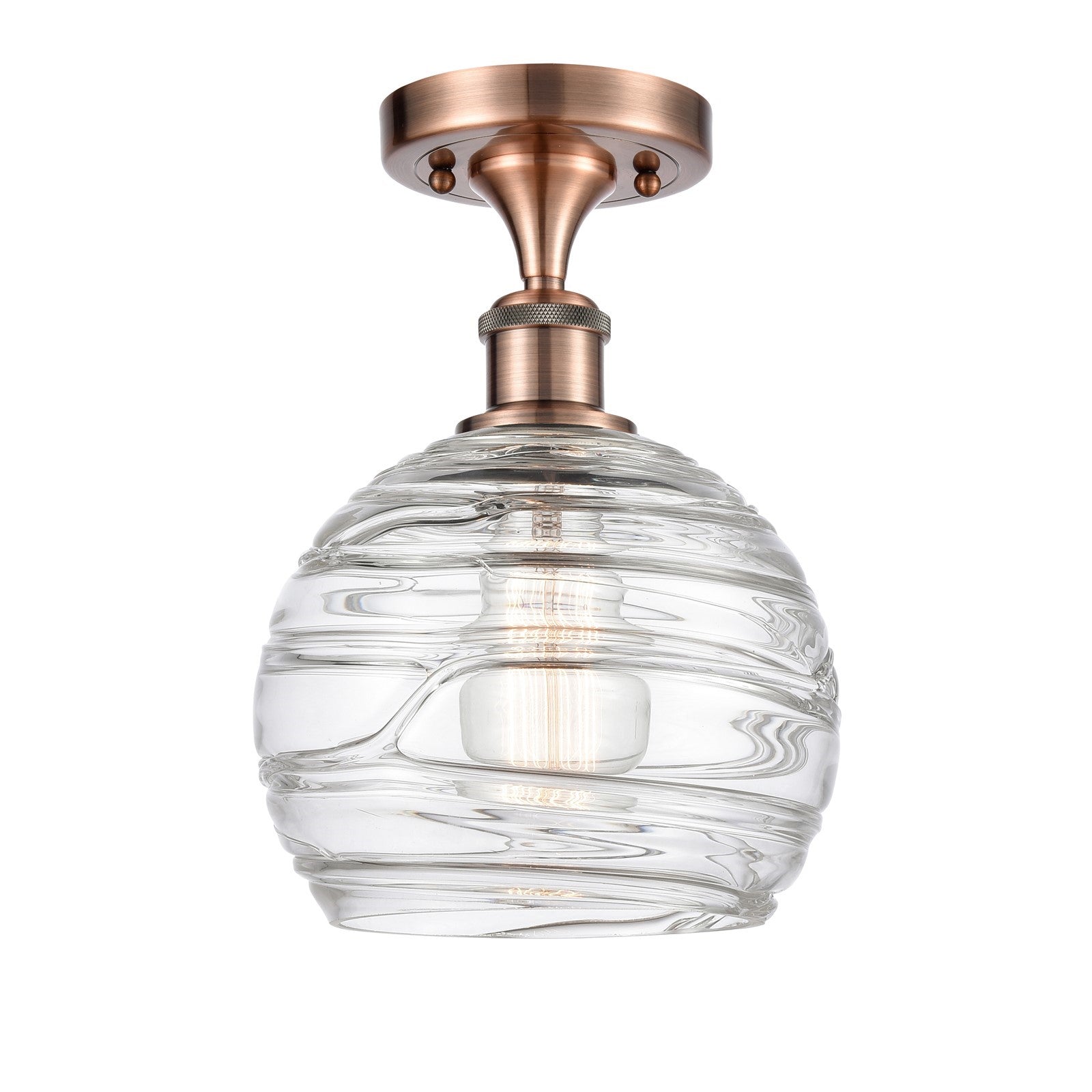 Innovations Athens Deco Swirl 8in 1-Light Semi-Flush | Industrial Antique Copper and Clear Glass | Hallway & Bedroom | Model 516-1C-AC-G1213-8CL