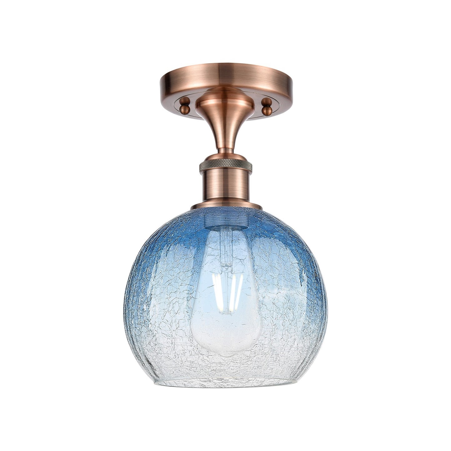 Innovations Brookhaven Globe 8in 1-Light Semi-Flush Mount | Industrial Antique Copper and Sapphire Blue Glass | Entryway | Model 516-1C-AC-G483-8SB